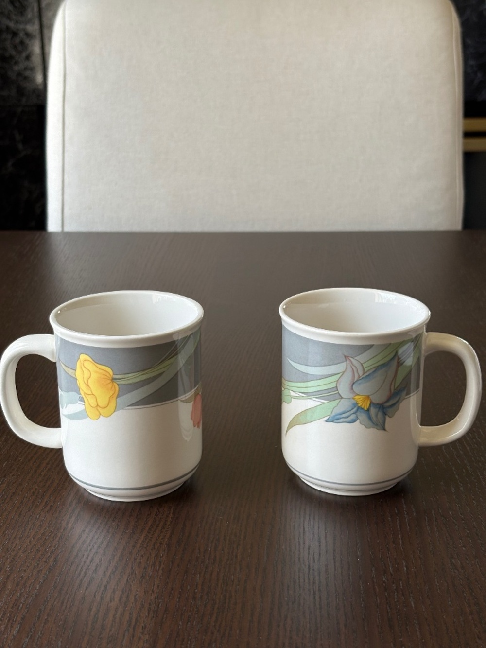 Vintage 90’s Blossom Semi-Porcelain Mugs, Set of 2, Blue Iris and Yellow Tulips